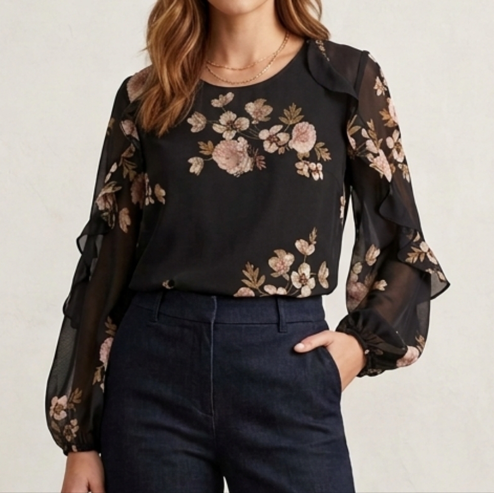 California Moonrise Floral Black Sheer Sleeve Blouse XS Bohemian
